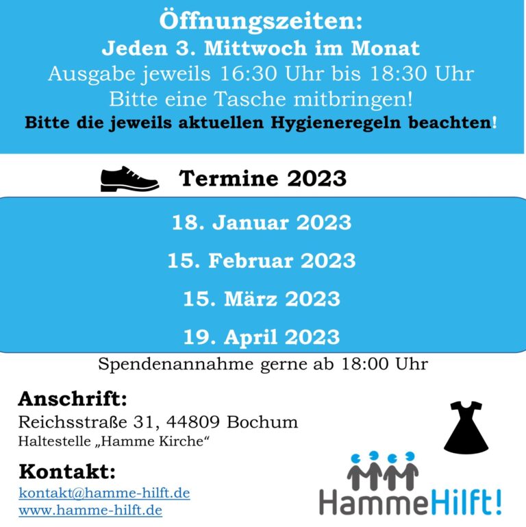 Kleiderkammer für Menschen in Not in Hamme öffnet am 19.04.23 von 16:30 Uhr bis 18:30 Uhr