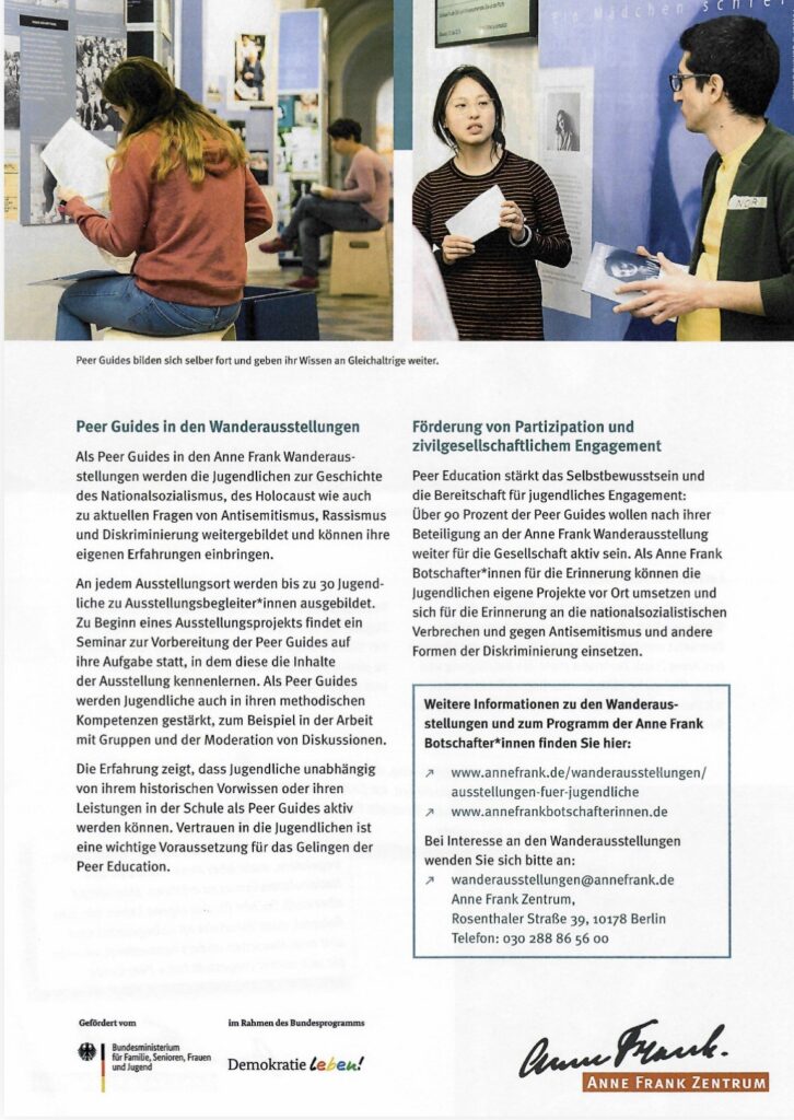 Begleiter*innen für Anne-Frank-Ausstellung gesucht Begleiter*innen für Anne-Frank-Ausstellung gesucht